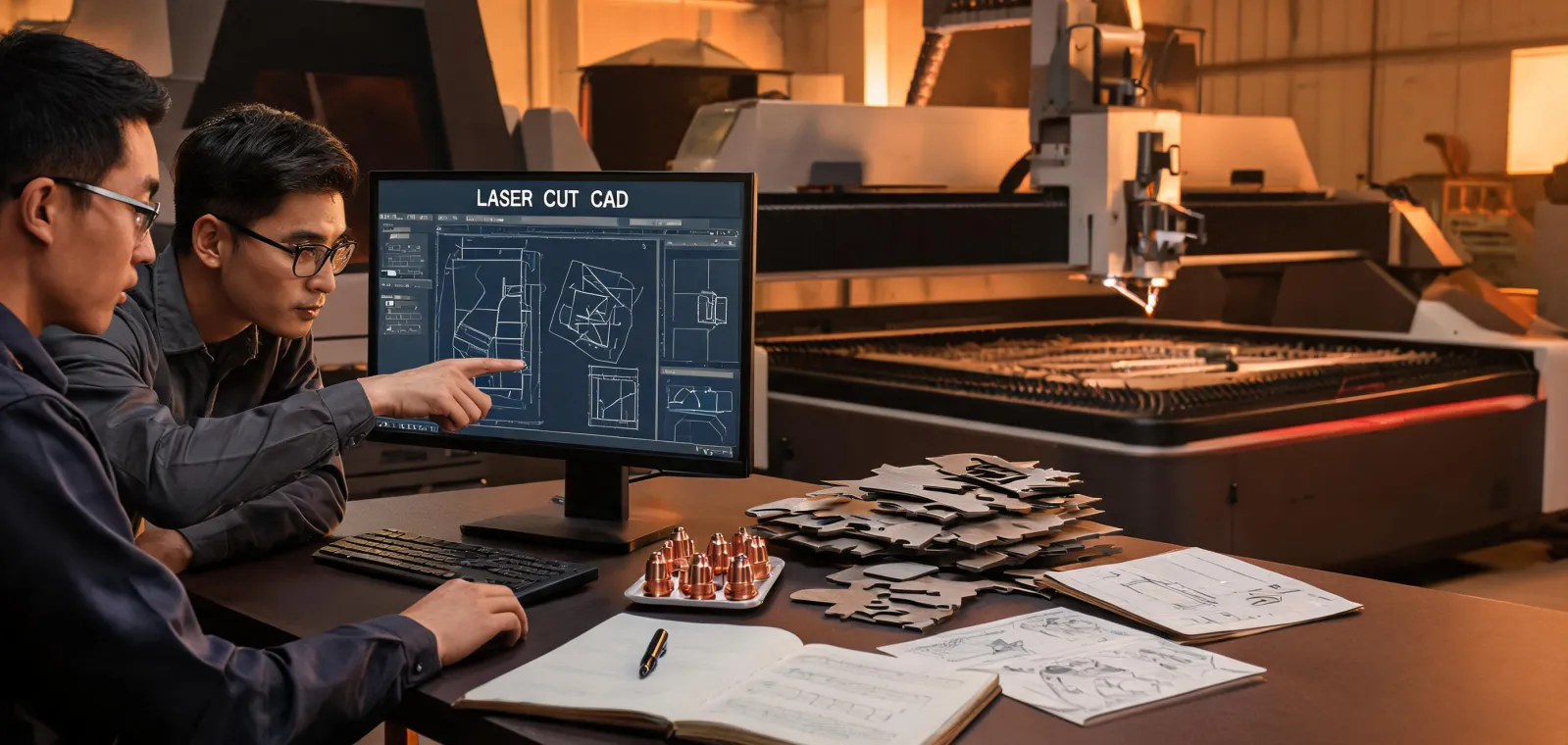 Bodor Laser application engineers reviewing CAD drawings